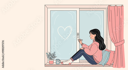 Young Woman Drawing Heart on Window, Cozy Interior, Winter Mood, Love Symbol