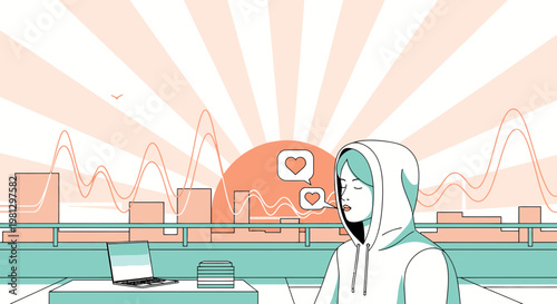 Young Woman in Hoodie Expressing Love with Heart Icons Over Cityscape at Sunrise