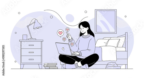 Young Woman Interacting with Digital Hearts on Laptop in Cozy Bedroom