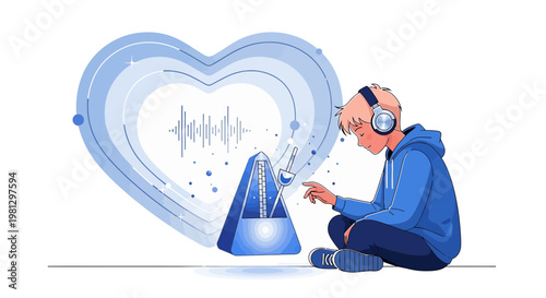 Young Person with Headphones and Metronome, Heartbeat Soundwave, Music Rhythm Concept