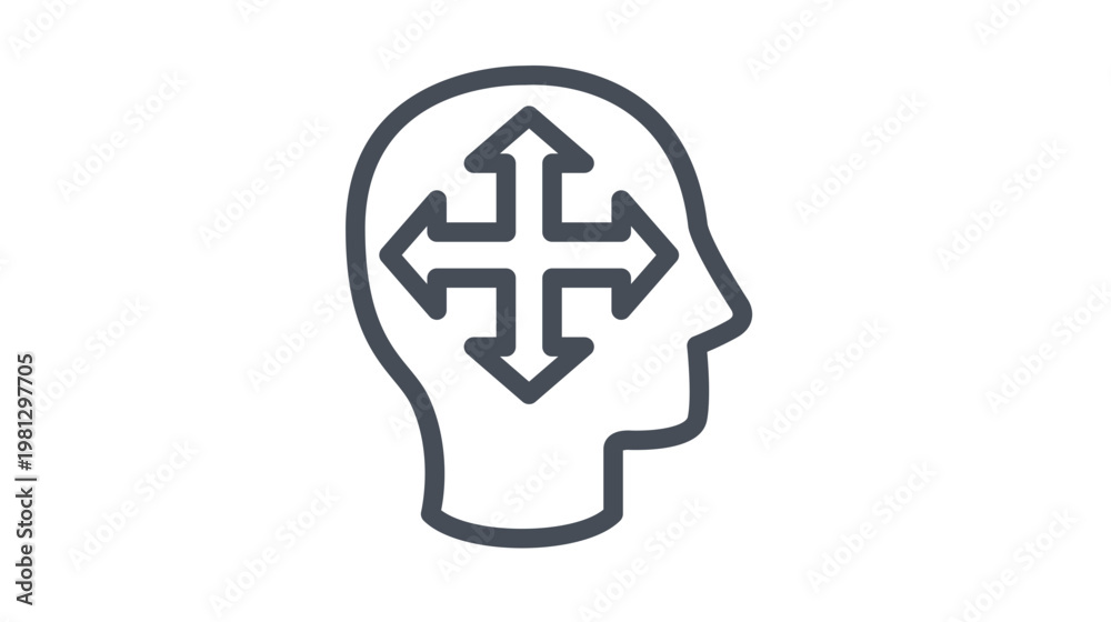 Fototapeta premium Minimalist black vector icon illustration of a human head silhouette profile with a four-way arrow symbol inside, representing decision making, mental flexibility, direction, and cognitive thought.
