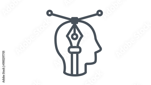 Graphic design and creativity vector icon illustration featuring a human head profile silhouette with a pen tool nib and bezier curve handles, symbolizing digital art, design process, and imagination.