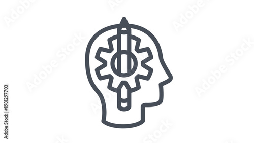 Creative thinking and engineering design vector icon illustration featuring a human head profile with a gear and pencil inside, symbolizing brainstorming, problem solving, and mental process.