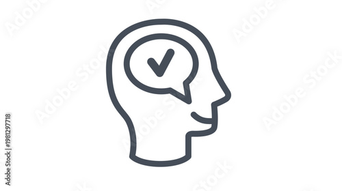 Minimalist vector icon illustration of a human head profile with a speech bubble and checkmark, representing positive thinking, mental health, decision making, approval, and mindset concept.