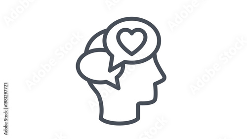 Foto Vector icon illustration of a human head profile with speech bubbles and a heart symbol, representing positive thoughts, love, empathy, emotional intelligence, and mental health awareness