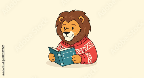 Lion Wearing Red Sweater Reading.