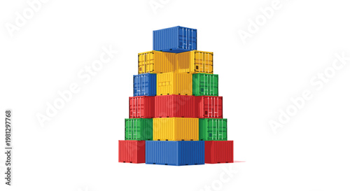 A towering pyramid of colorful industrial shipping containers stands perfectly centered against a pristine white background under bright and even studio lighting.