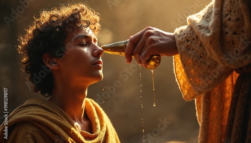 Young man receives anointing with holy oil from a horn. Sacred ritual poured on his head. Spiritual ceremony of consecration. Ancient blessing for a leader. Divine moment.