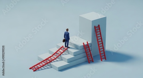 Businessman Standing on Steps with Ladders Representing Career Growth and Opportunity.