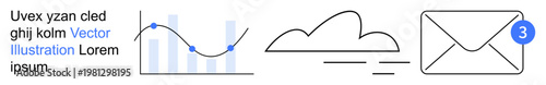 Business management, communication systems, data sharing, notifications, digital storage, message services. Line chart, cloud email icon with notification badge. Communication systems and business