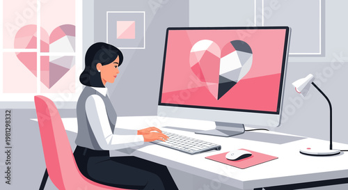 Woman Working on Computer with Geometric Heart on Screen, Home Office Setup