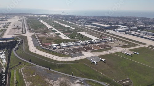 Aerial view of private jets at the airport. Drone footage of planes parked at the airport, Istanbul, Turkey.