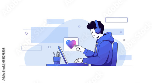 Young man in headphones working on laptop, interacting with digital heart icon, modern abstract background