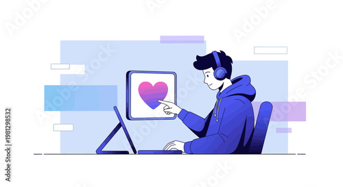 Young Man Interacting with Digital Heart Icon on Screen, Online Love and Connection Concept
