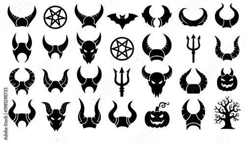 Devil horn silhouette icon set demon Halloween vector symbols