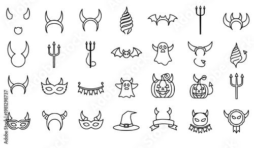 Devil horn line icon set demon Halloween vector collection