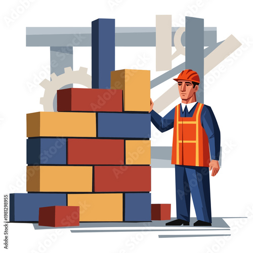 Man standing next to bricks.