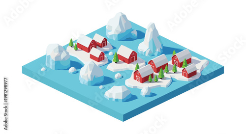 A vibrant isometric illustration depicts several small snowy islands populated with red barns and green trees scattered across a bright blue ocean surface.