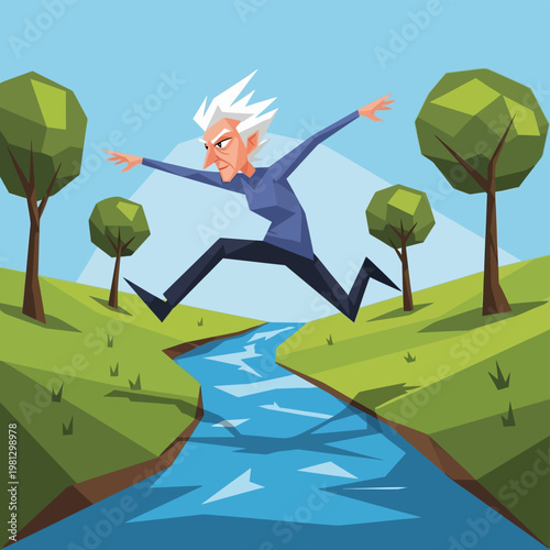Man jumping over a stream.