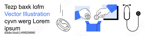 E-commerce, finance, shopping, currency exchange, online purchasing, digital payment. Hand exchanging coins, shopping bag currency icon. E-commerce and finance concept