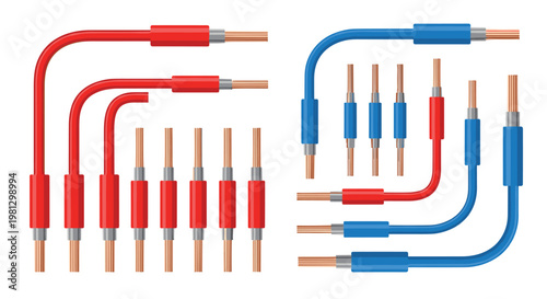 Multiple segments of red and blue insulated electrical cables feature exposed copper conductors arranged in both straight and ninety-degree bent configurations.