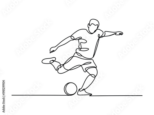Continuous line drawing of a man kicking a soccer ball with one leg  action sports
