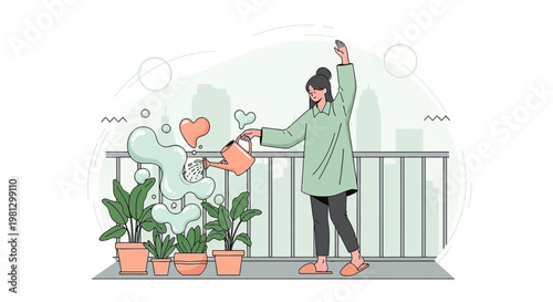 Woman watering plants on balcony with city view, enjoying hobby, self-care, abstract hearts