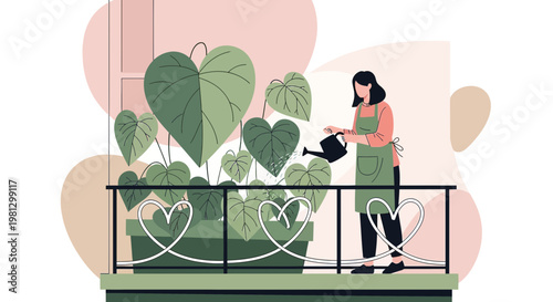 Woman watering plants on balcony with heart-shaped leaves, urban gardening concept