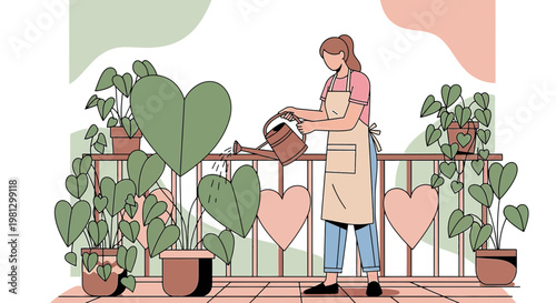 Woman watering plants on balcony with heart decorations