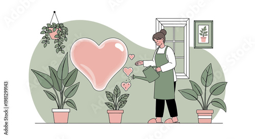 Woman watering plants, nurturing love and growth with heart shapes, self-care concept
