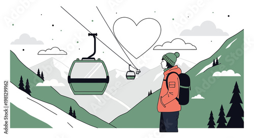 Woman with backpack and ski lift in snowy mountains, heart shape in sky