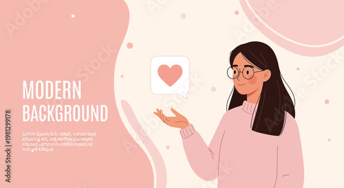 Woman with Glasses Holding a Heart Icon, Modern Pink Background with Abstract Shapes