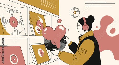 Woman with headphones holding vinyl record with abstract heart shapes, music love concept