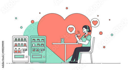 Woman with headset enjoying coffee near vending machines with heart background