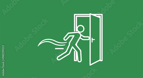 Stylized white line icon of a person running out of an open door with a green background representing escape or exit