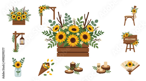 Collection of rustic wedding decorations featuring sunflowers, greenery, wooden crates, and lanterns for a charming