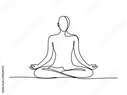 Continuous line drawing of a person meditating in lotus position on the floor  yoga and mindfulness concept