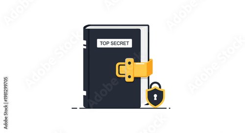 A thick black confidential book labeled top secret is secured with a prominent golden latch and a protective shield icon featuring a small keyhole.