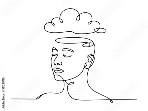 Continuous line drawing of a serene person with closed eyes and a cloud above their head symbolizing thought  calmness and peacefulness
