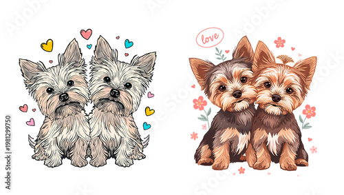 Cute drawn Yorkshire Terrier dog with flowers and heart flat design sticker isolated on transparent background
