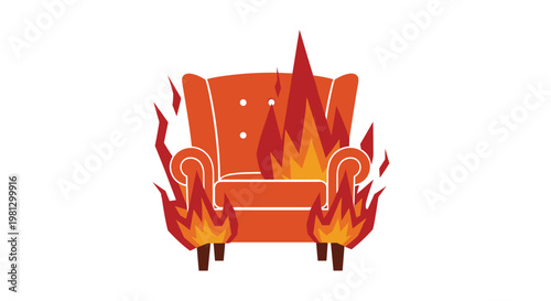A vibrant orange upholstered wingback armchair is completely surrounded by intense stylized red and yellow flames against a pristine white background.