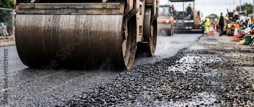 heavy road roller drum compacting fresh hot asphalt gravel with steam rising, workers and orange cones in background, road construction, civil engineering, paving, urban infrastructure, street repair