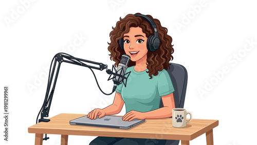 Female Podcast Host Recording Audio Vector, Woman With Microphone And Laptop