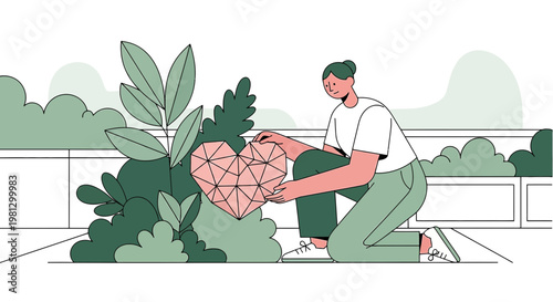Woman tending to a geometric heart plant, symbolizing care, growth, and digital love