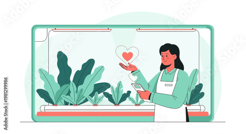 Woman Tending Indoor Hydroponic Garden with Heart Icon, Smart Farming Technology
