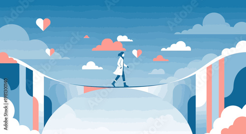 Woman walking on tightrope bridge with hearts and clouds, symbolizing hope and connection