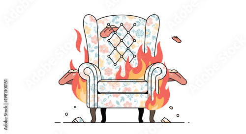 An elegant floral patterned wingback armchair with light blue and pink blossoms is depicted with surreal orange flames and tongues on a white backdrop.