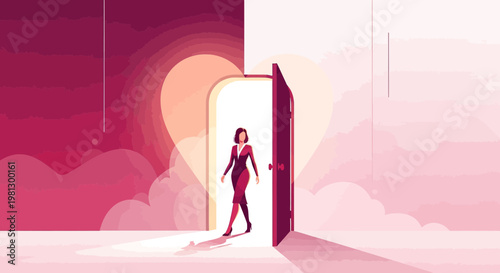 Woman Walking Through Open Door into Light, Symbolizing New Beginnings and Hope