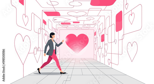Woman Walking Towards Glowing Heart in Abstract Geometric Tunnel with Hearts