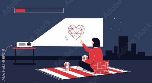 Woman watching geometric heart projection on screen, enjoying movie night with popcorn